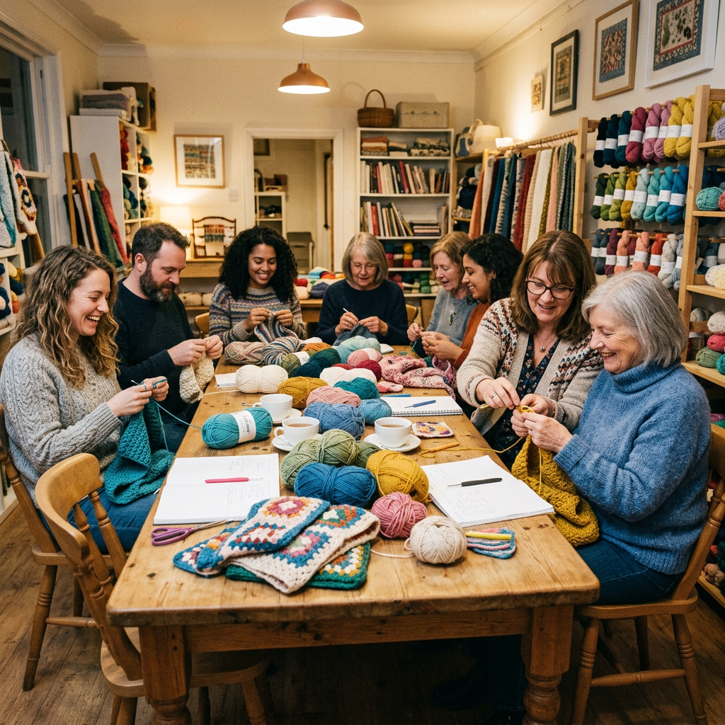 Seven people knitting together around a table in a yarn studio