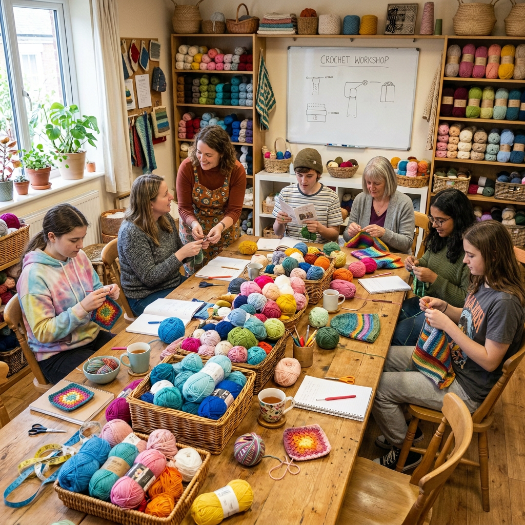Six people crocheting around a table during a crochet workshop